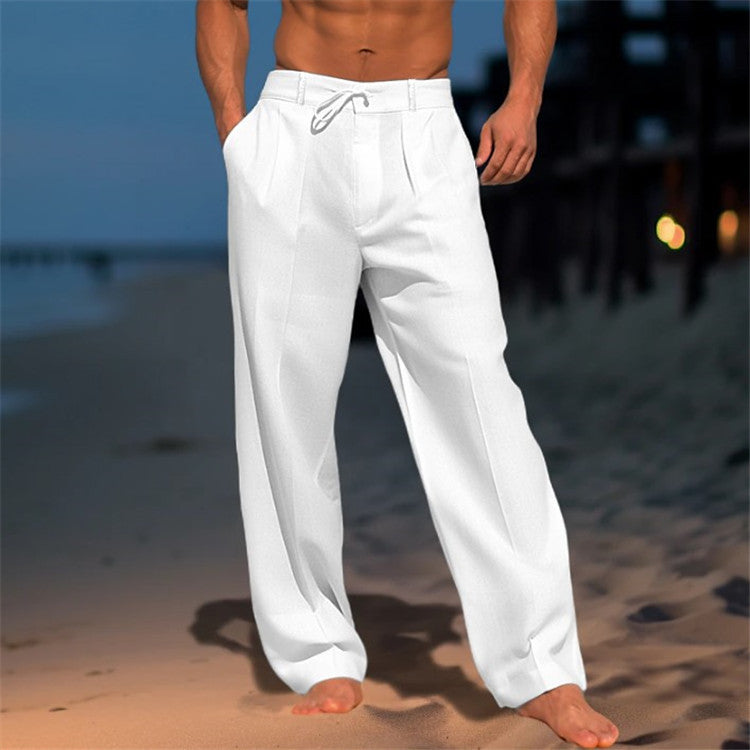 Pantaloni leggeri in lino con cordoncino per uomini – Pantaloni estivi ariosi per spiaggia e tempo libero
