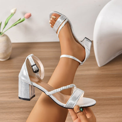 Eleganti sandali con tacco a blocco per donne – Tacchi alti glitterati con cinturino alla caviglia