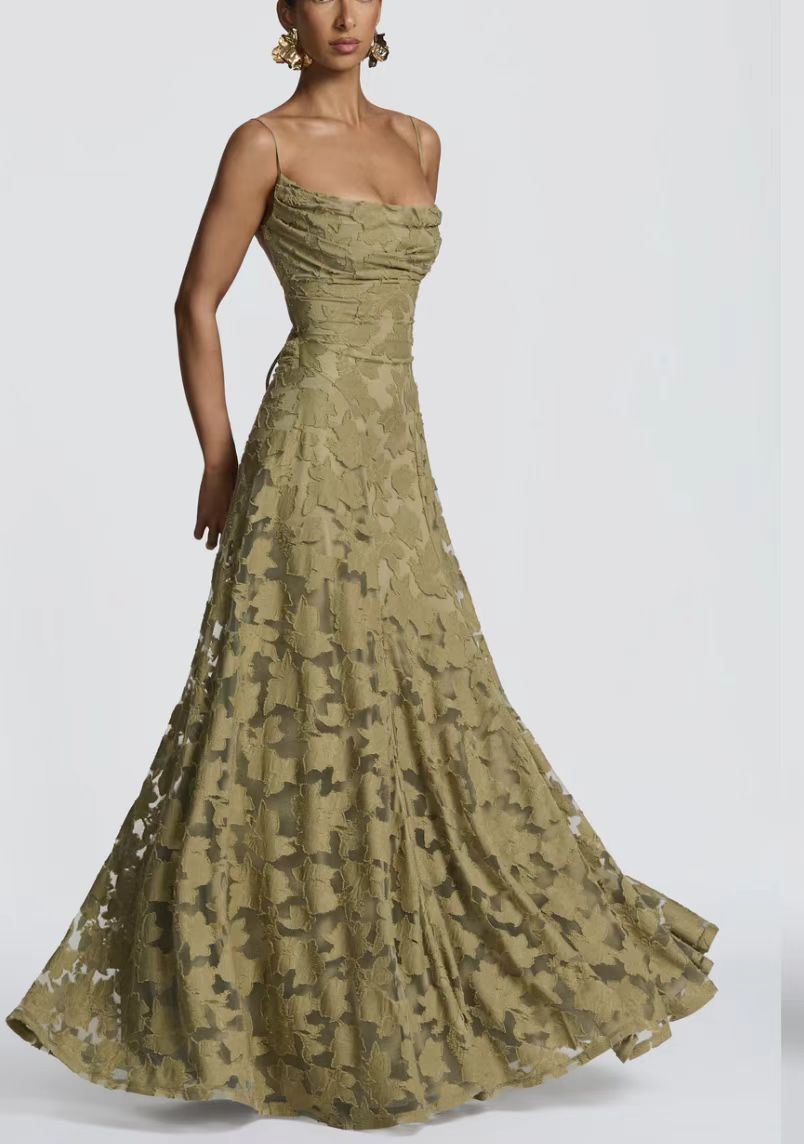 Elegante maxi abito in pizzo per donne – Abito da sera senza maniche con pizzo floreale