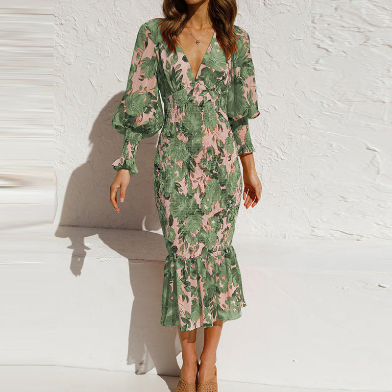 Elegante vestito midi con stampa floreale per donne – Abito estivo aderente con scollo a V e orlo a volant
