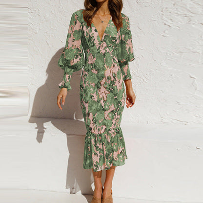 Elegante vestito midi con stampa floreale per donne – Abito estivo aderente con scollo a V e orlo a volant