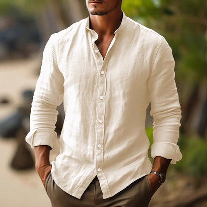 Camicia leggera in lino con colletto alla coreana – Camicia estiva traspirante per uomini