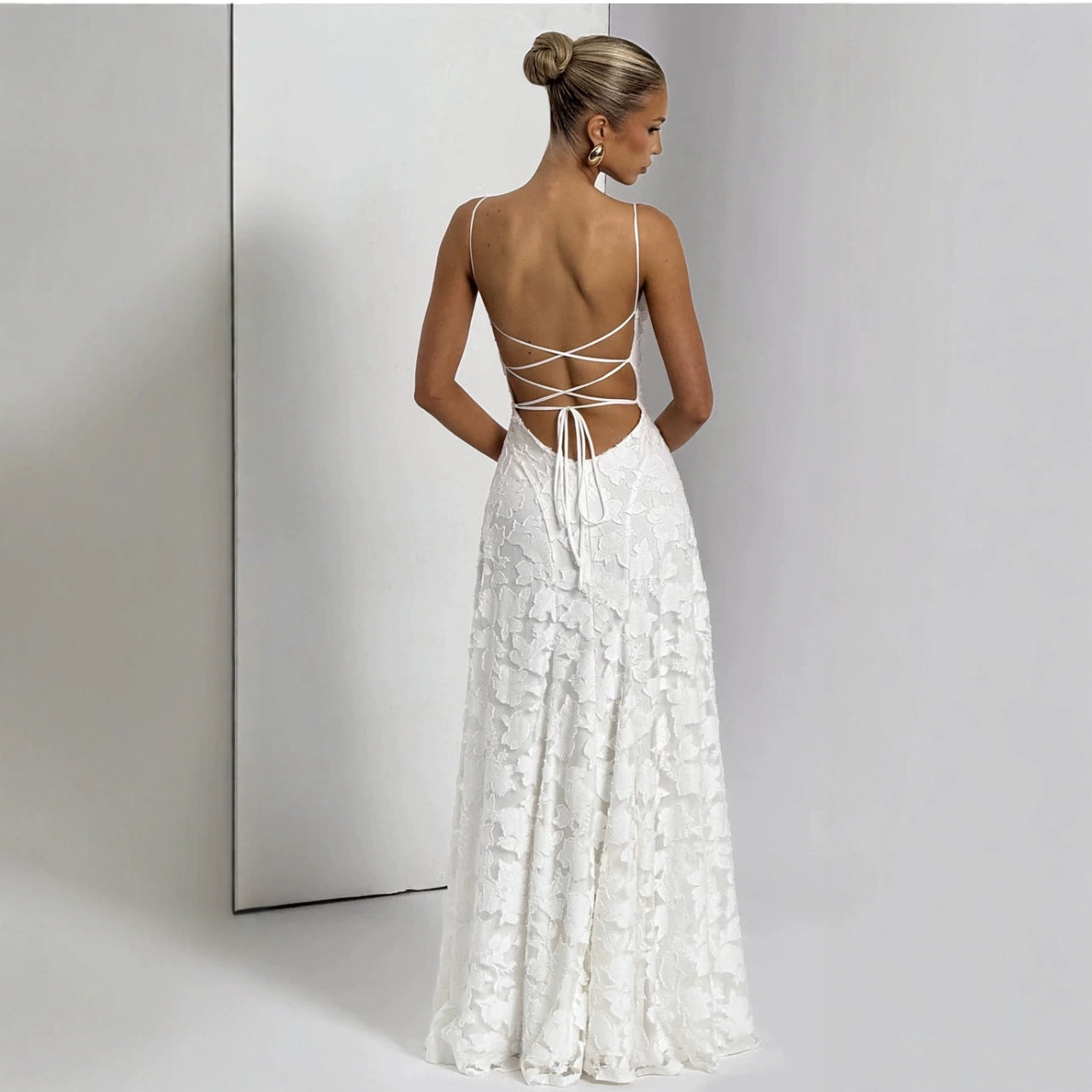 Elegante maxi abito in pizzo per donne – Abito da sera senza maniche con pizzo floreale