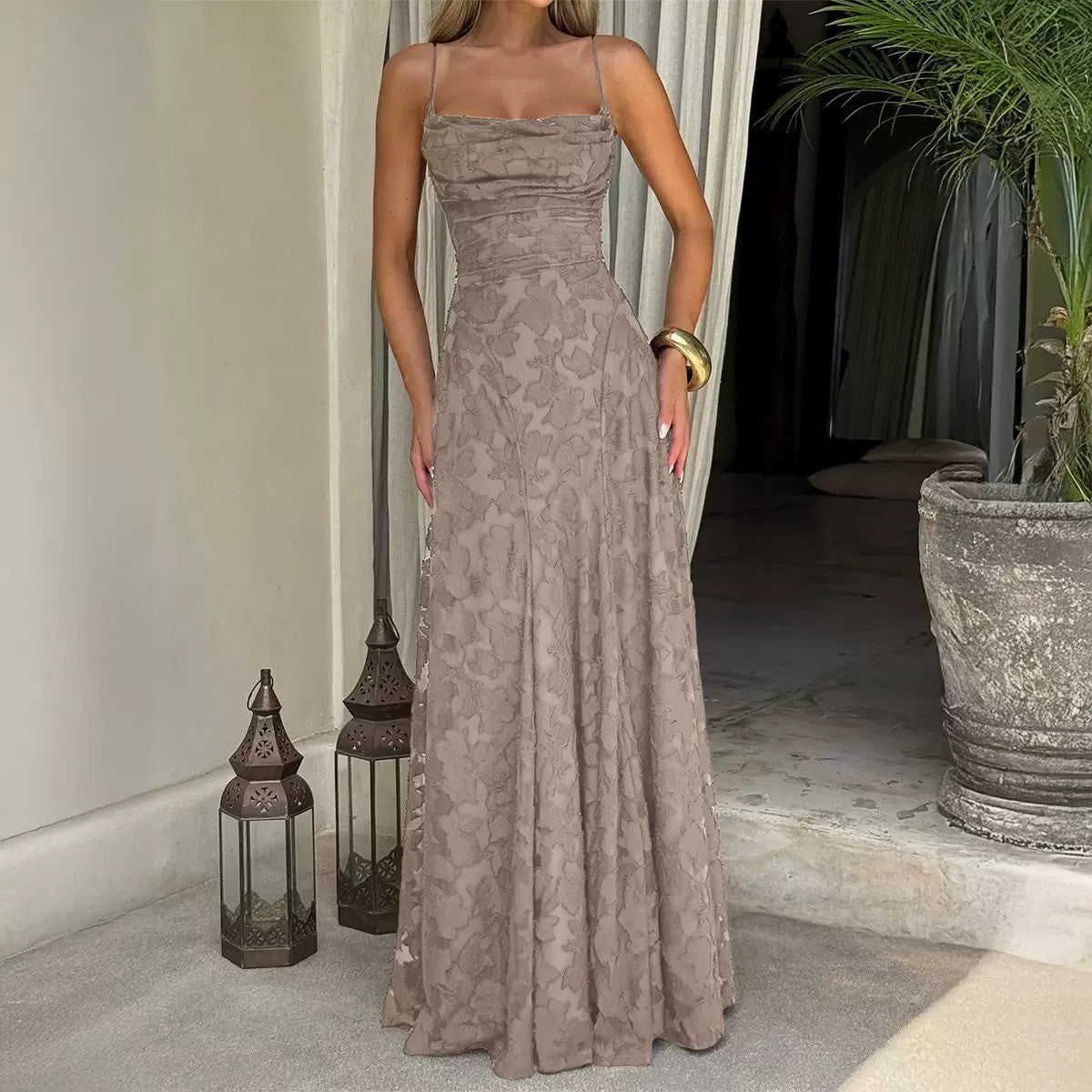Elegante maxi abito in pizzo per donne – Abito da sera senza maniche con pizzo floreale