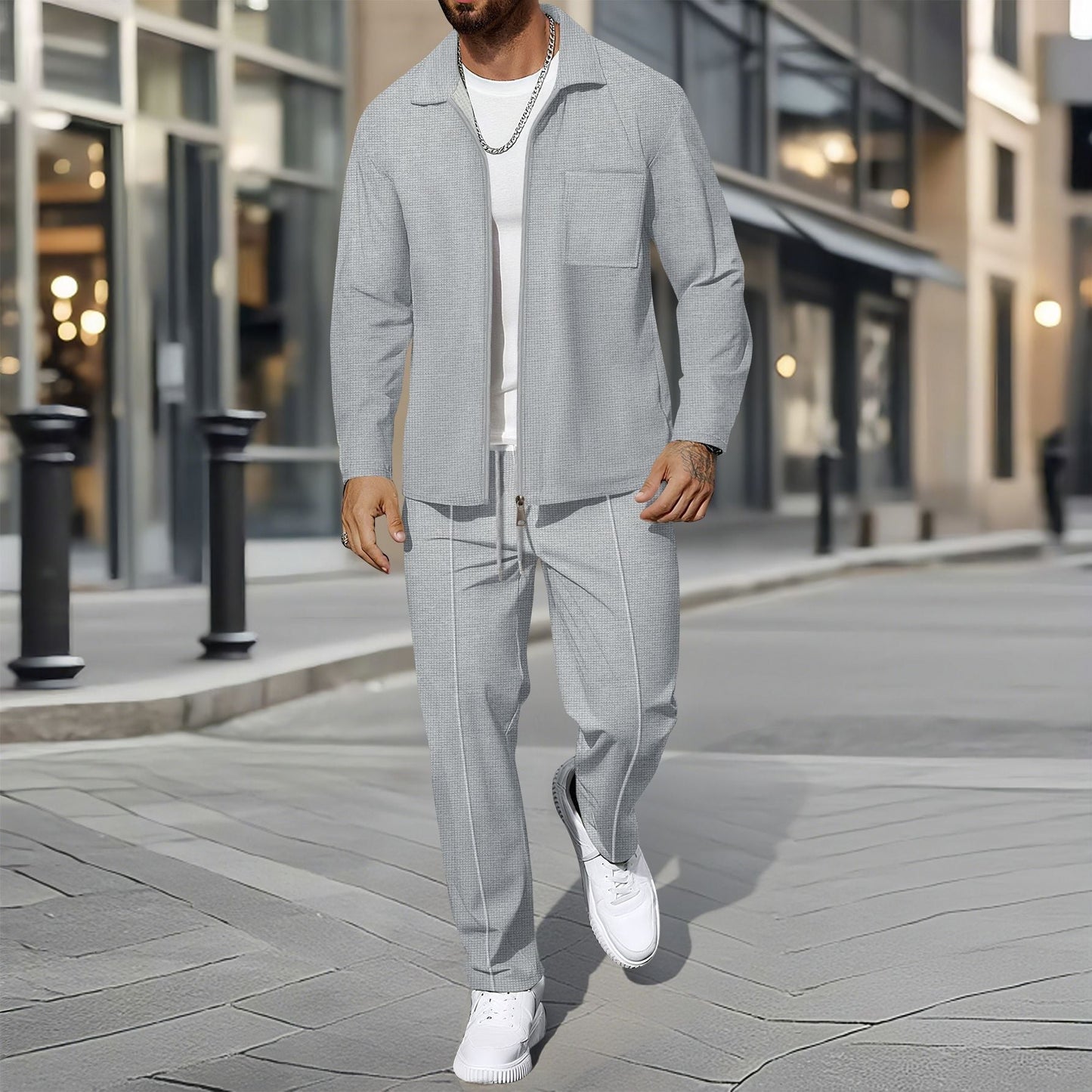 Set da tempo libero moderno con giacca camicia e pantaloni per uomo – Elegante completo in look casual business