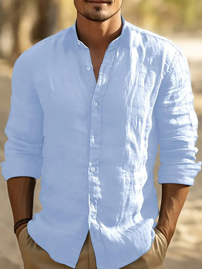 Camicia leggera in lino con colletto alla coreana – Camicia estiva traspirante per uomini