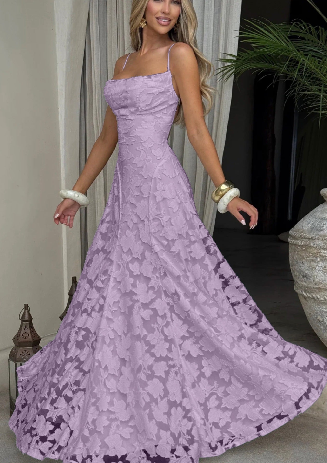 Elegante maxi abito in pizzo per donne – Abito da sera senza maniche con pizzo floreale