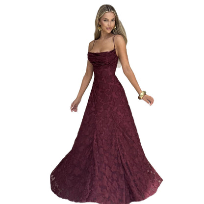 Elegante maxi abito in pizzo per donne – Abito da sera senza maniche con pizzo floreale