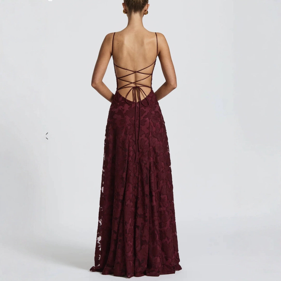 Elegante maxi abito in pizzo per donne – Abito da sera senza maniche con pizzo floreale