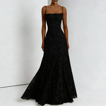 Elegante maxi abito in pizzo per donne – Abito da sera senza maniche con pizzo floreale