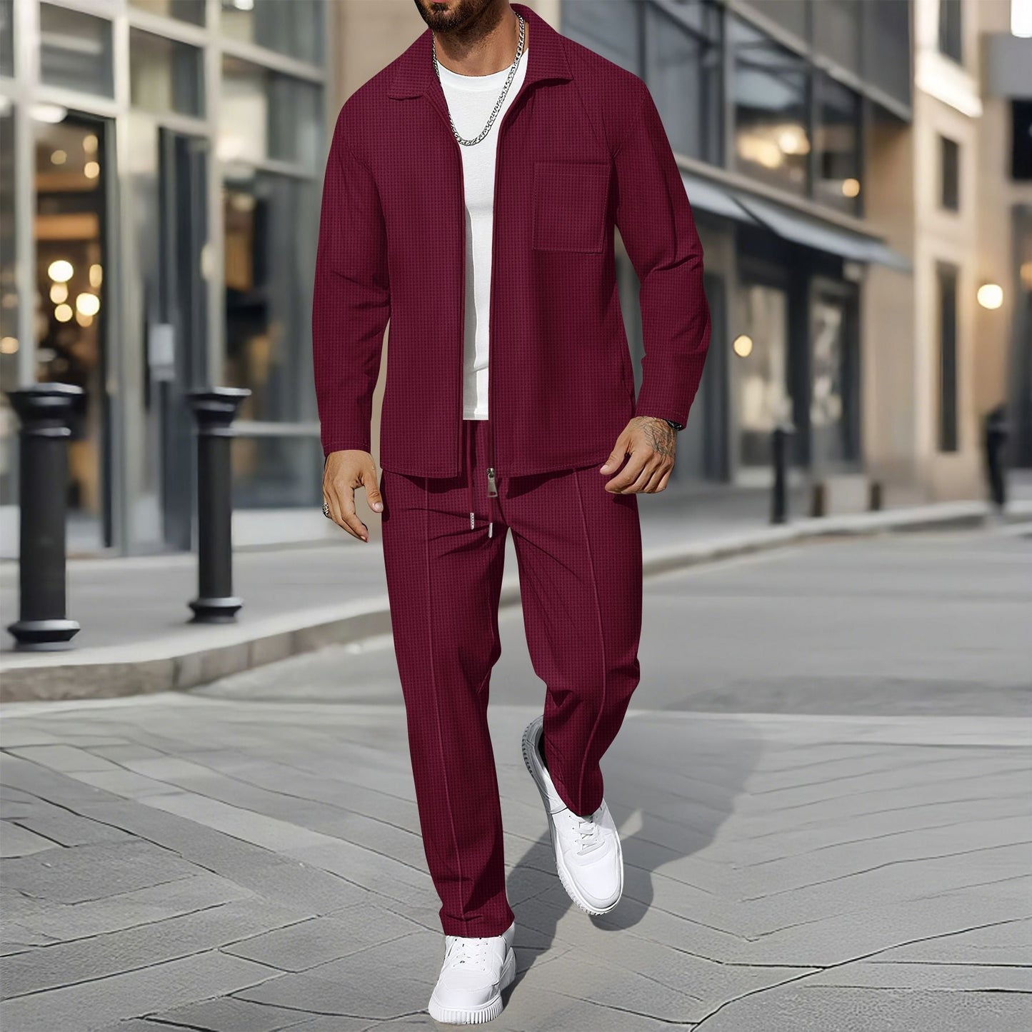 Set da tempo libero moderno con giacca camicia e pantaloni per uomo – Elegante completo in look casual business