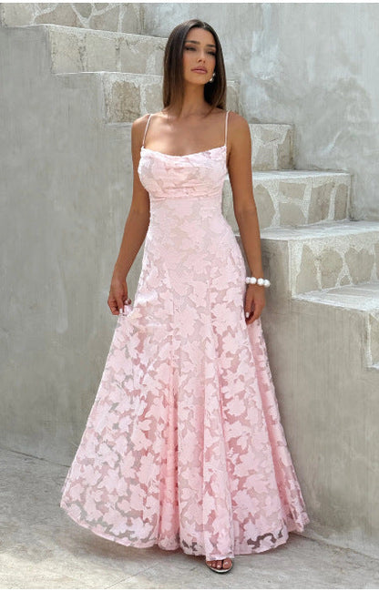 Elegante maxi abito in pizzo per donne – Abito da sera senza maniche con pizzo floreale