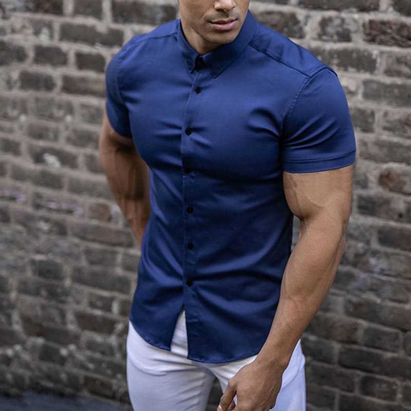 Camicia moderna a maniche corte con comfort elasticizzato per uomo – Camicia business aderente