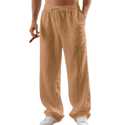 Pantaloni in lino casual con gamba larga per uomini – Pantaloni estivi traspiranti per il tempo libero con cordoncino