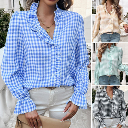 Blusa a Righe con Rouches per Donne – Elegante Blusa a Maniche Lunghe con Collo a Volant
