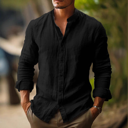 Camicia leggera in lino con colletto alla coreana – Camicia estiva traspirante per uomini