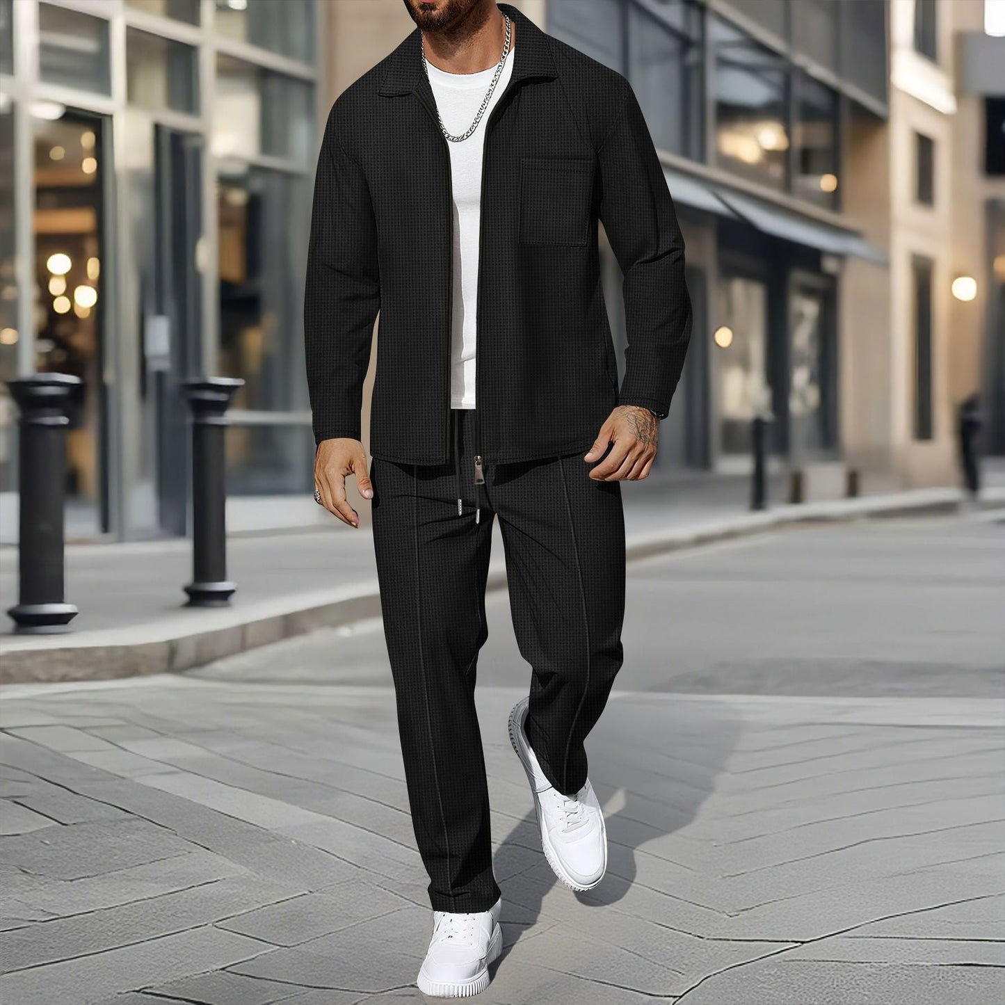 Set da tempo libero moderno con giacca camicia e pantaloni per uomo – Elegante completo in look casual business