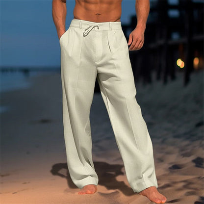 Pantaloni leggeri in lino con cordoncino per uomo – Pantaloni estivi traspiranti per spiaggia e tempo libero