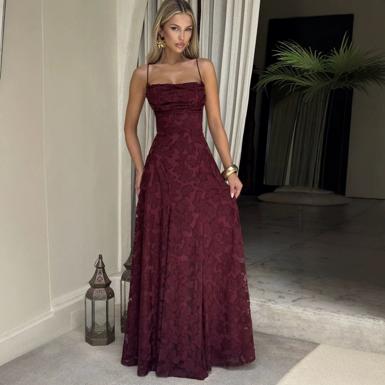Elegante maxi abito in pizzo per donne – Abito da sera senza maniche con pizzo floreale