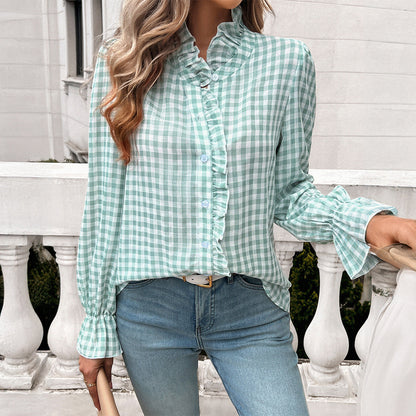 Blusa a Righe con Rouches per Donne – Elegante Blusa a Maniche Lunghe con Collo a Volant