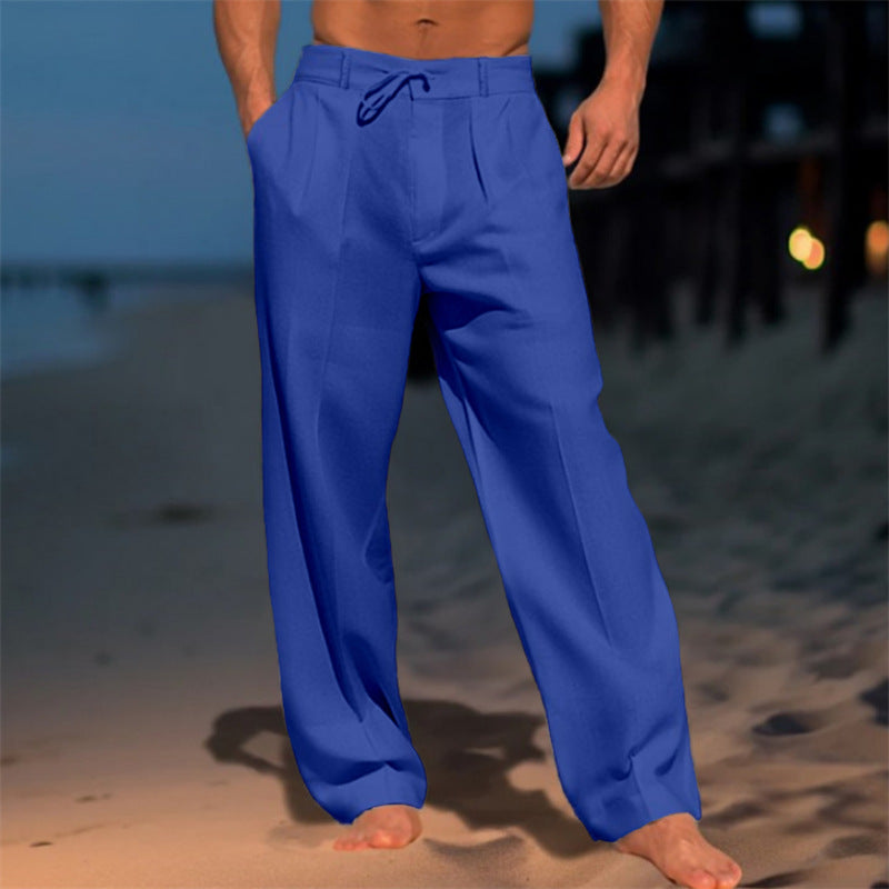 Pantaloni leggeri in lino con cordoncino per uomini – Pantaloni estivi ariosi per spiaggia e tempo libero
