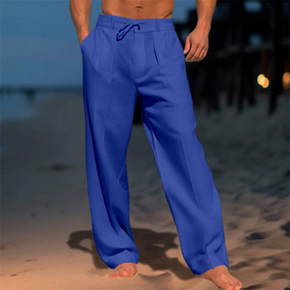 Pantaloni leggeri in lino con cordoncino per uomo – Pantaloni estivi traspiranti per spiaggia e tempo libero