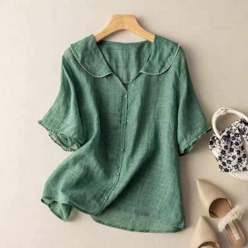 Leggera blusa estiva da donna con colletto – Blusa corta in stile lino
