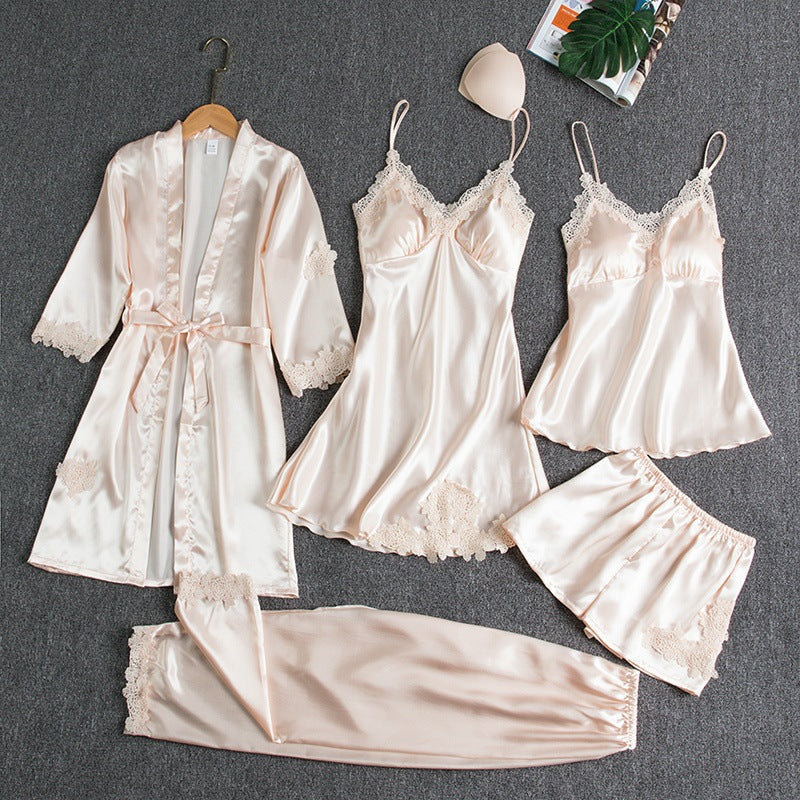 Set di Pigiama in Raso per Donna 5 Pezzi – Lingerie Elegante con Pizzo & Accappatoio