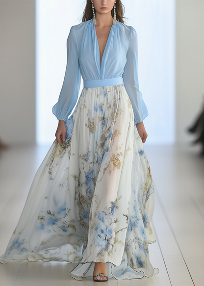 Elegante Maxikleid con stampa floreale per donne – Abito in chiffon fluido con profondo scollo a V