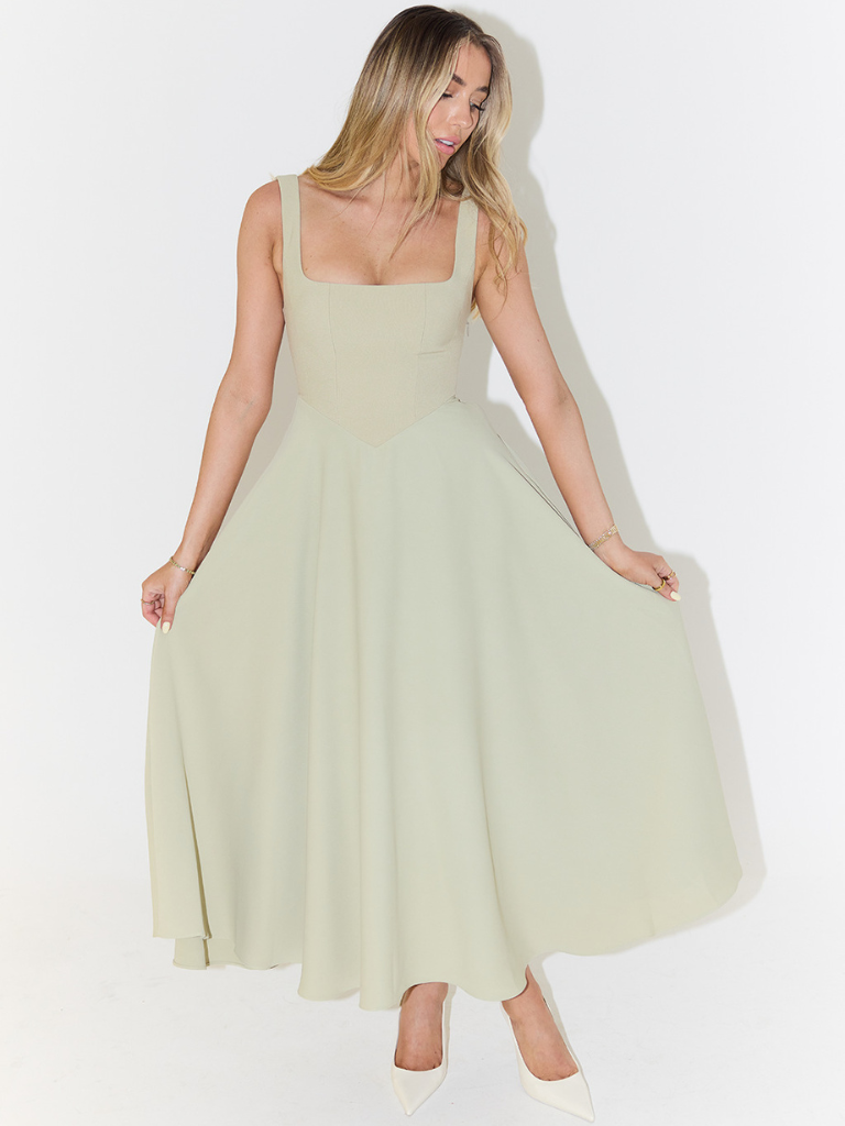 Elegante abito midi con scollatura quadrata e linea A – Abito estivo aderente per donne