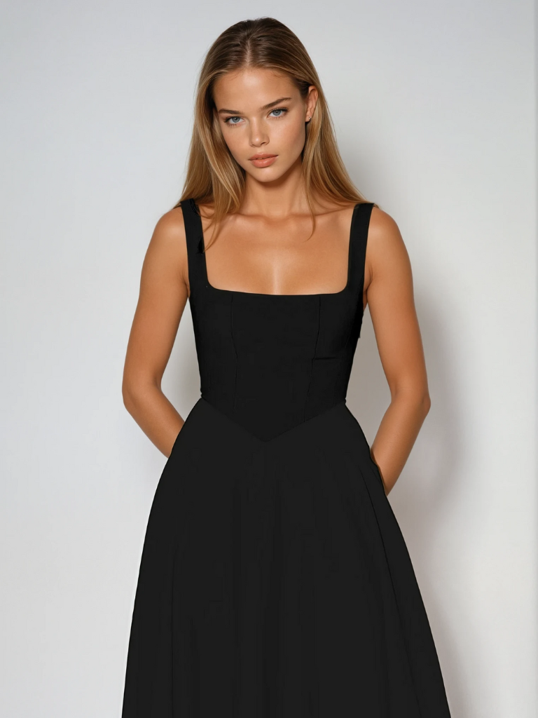 Elegante abito midi con scollatura quadrata e linea A – Abito estivo aderente per donne