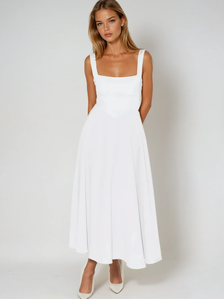 Elegante abito midi con scollatura quadrata e linea A – Abito estivo aderente per donne