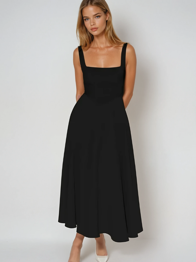Elegante abito midi con scollatura quadrata e linea A – Abito estivo aderente per donne