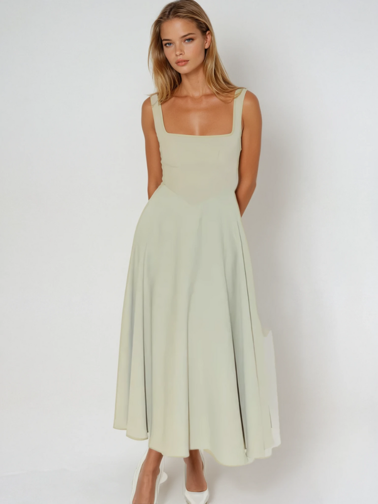 Elegante abito midi con scollatura quadrata e linea A – Abito estivo aderente per donne