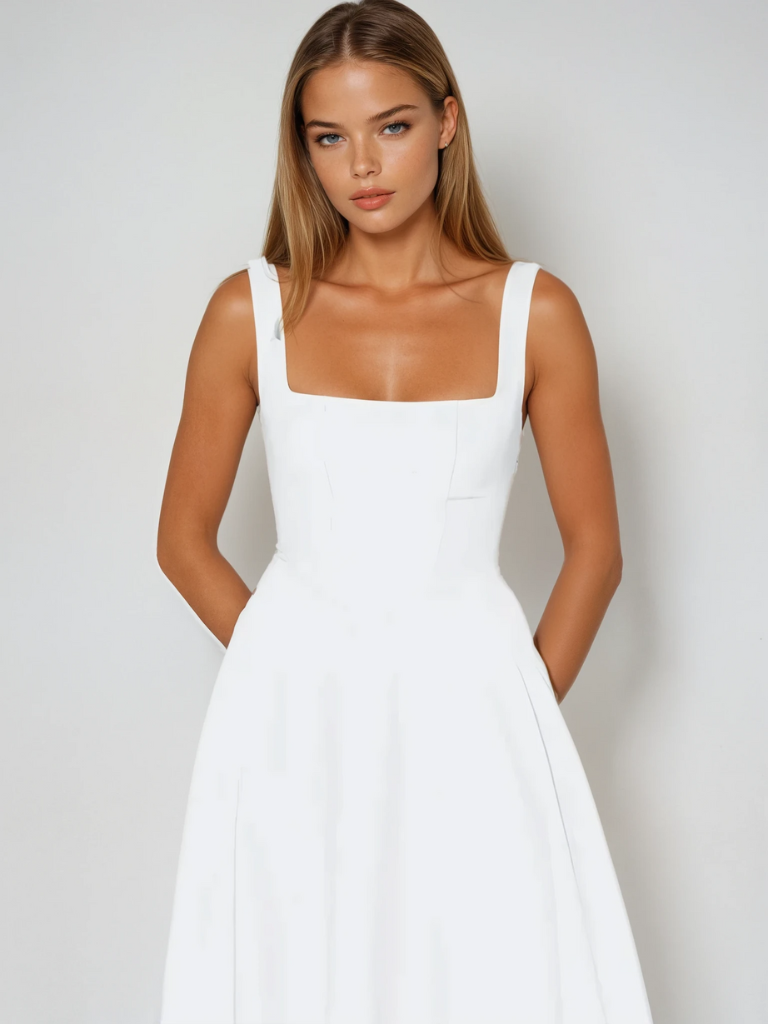 Elegante abito midi con scollatura quadrata e linea A – Abito estivo aderente per donne