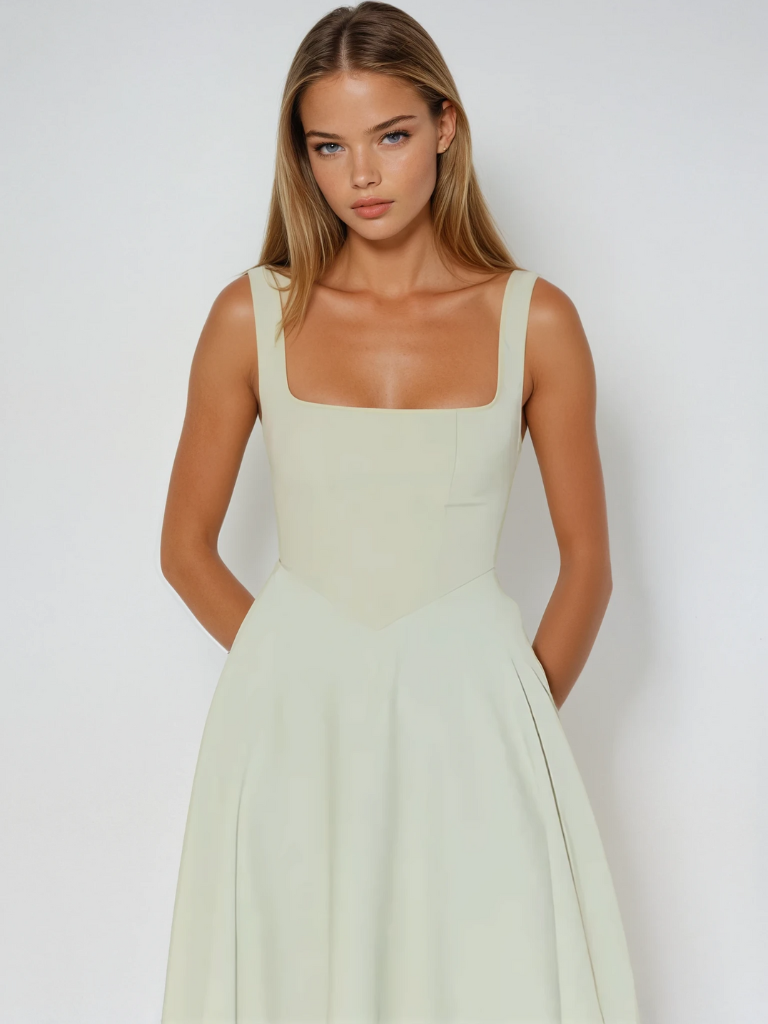 Elegante abito midi con scollatura quadrata e linea A – Abito estivo aderente per donne
