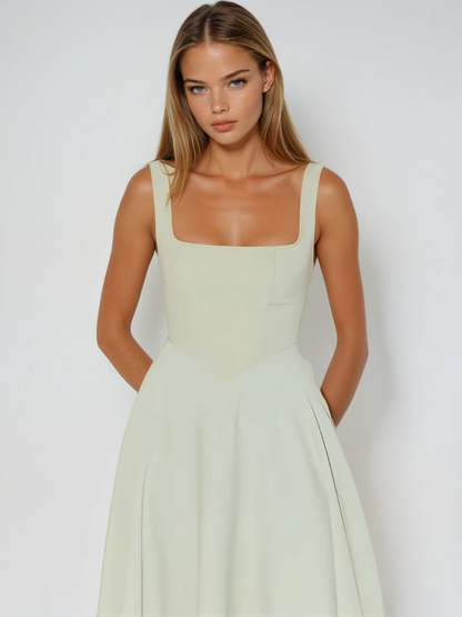 Elegante abito midi con scollatura quadrata e linea A – Abito estivo aderente per donne