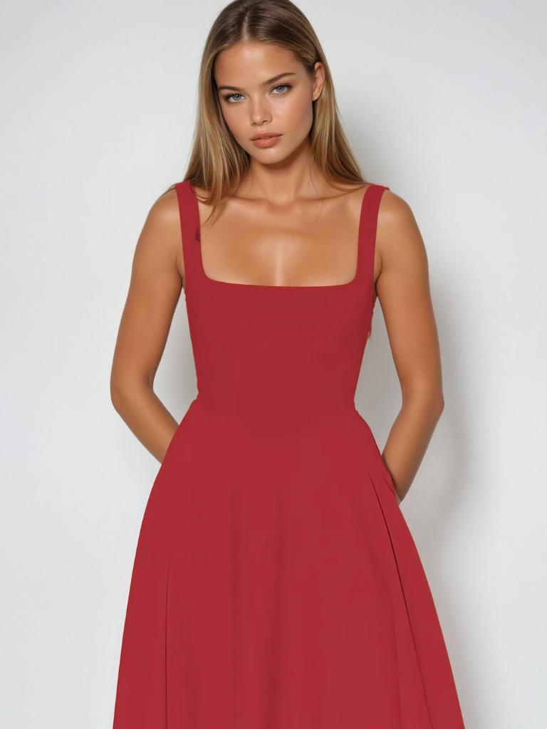 Elegante abito midi con scollatura quadrata e linea A – Abito estivo aderente per donne