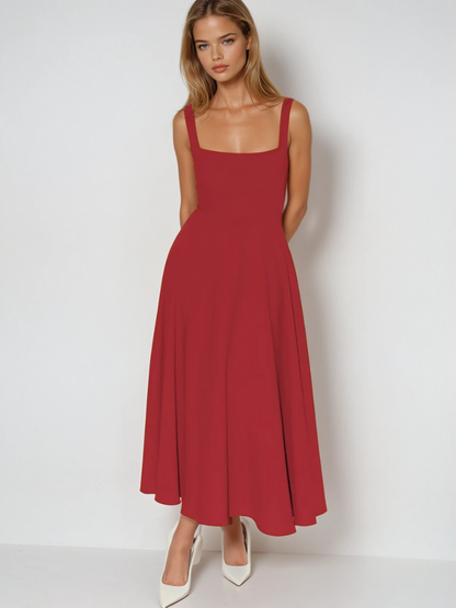 Elegante abito midi con scollatura quadrata e linea A – Abito estivo aderente per donne