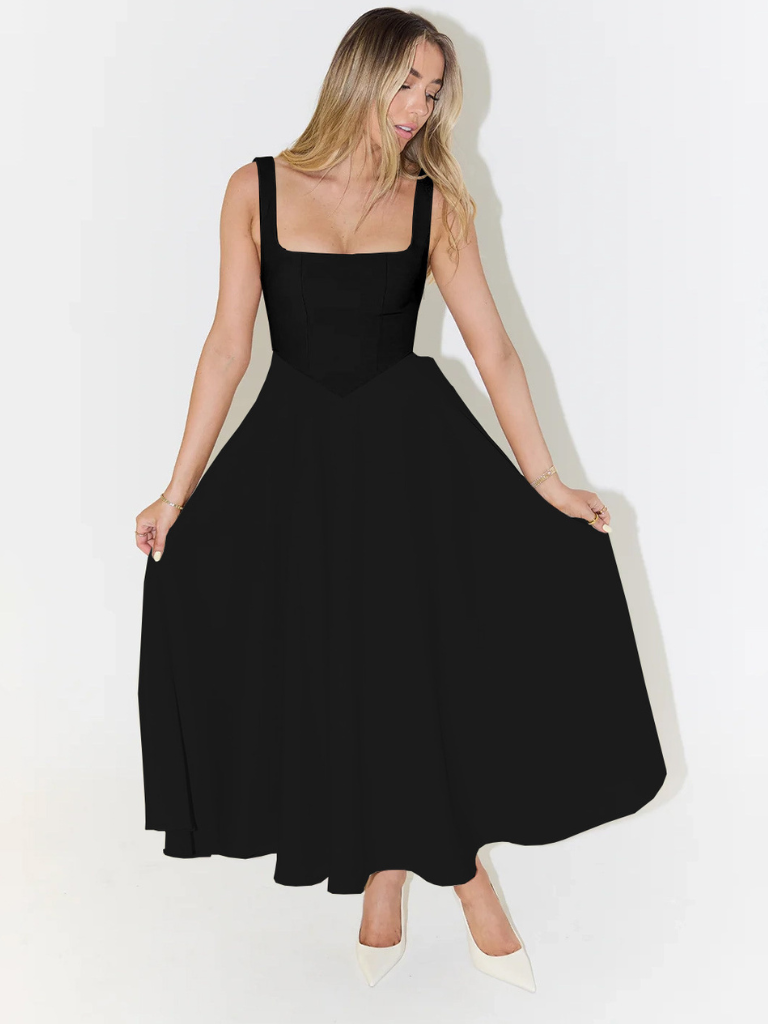 Elegante abito midi con scollatura quadrata e linea A – Abito estivo aderente per donne