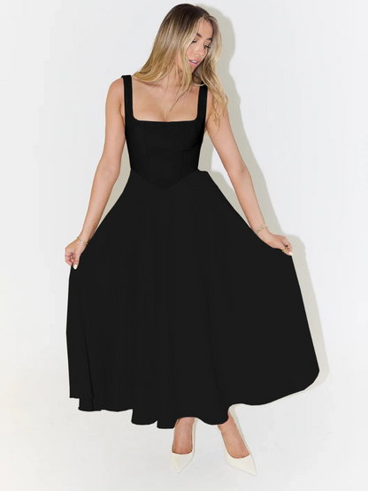 Elegante abito midi con scollatura quadrata e linea A – Abito estivo aderente per donne