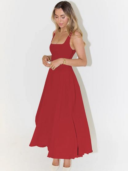 Elegante abito midi con scollatura quadrata e linea A – Abito estivo aderente per donne
