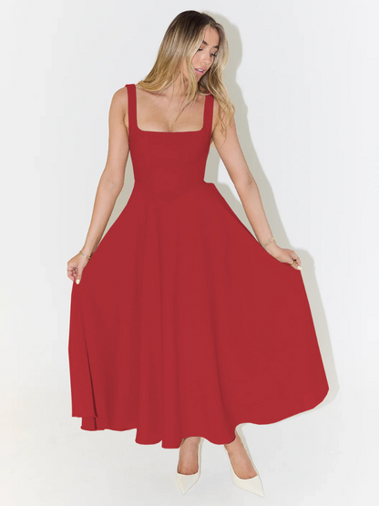 Elegante abito midi con scollatura quadrata e linea A – Abito estivo aderente per donne