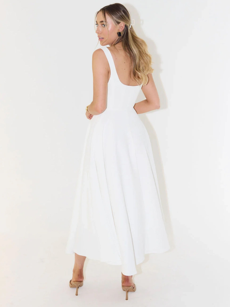 Elegante abito midi con scollatura quadrata e linea A – Abito estivo aderente per donne