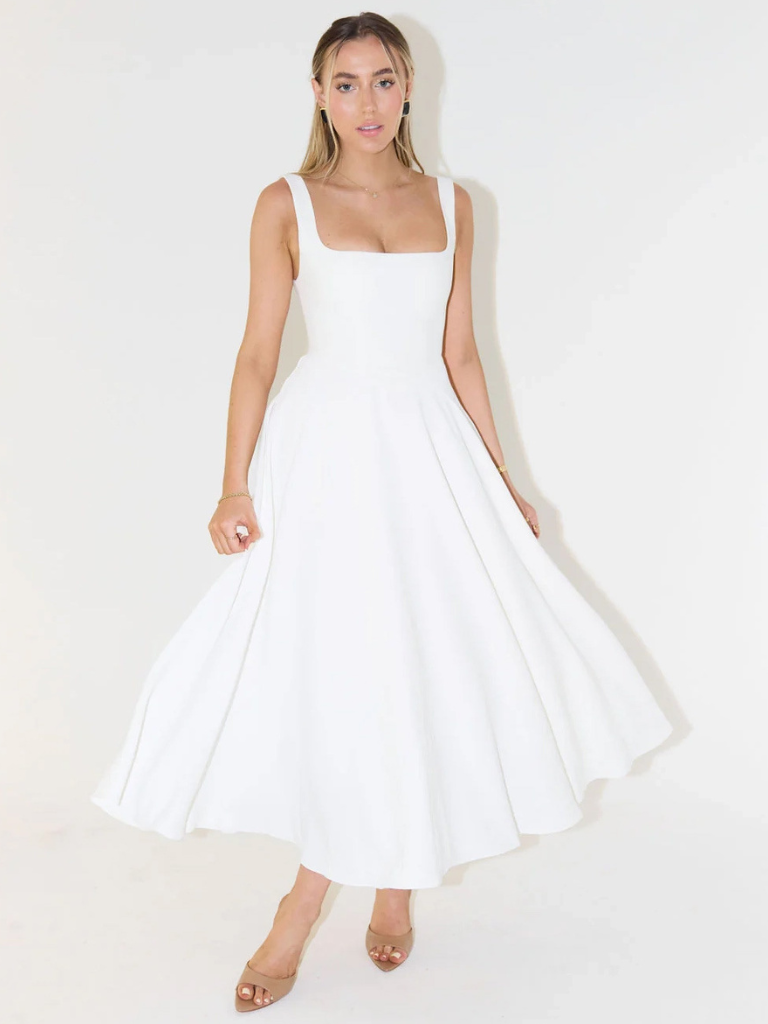 Elegante abito midi con scollatura quadrata e linea A – Abito estivo aderente per donne