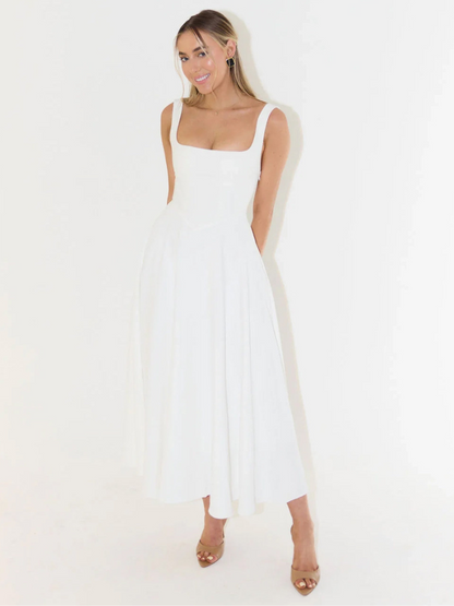 Elegante abito midi con scollatura quadrata e linea A – Abito estivo aderente per donne