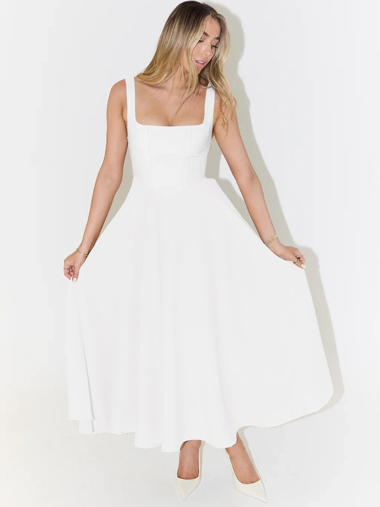 Elegante abito midi con scollatura quadrata e linea A – Abito estivo aderente per donne