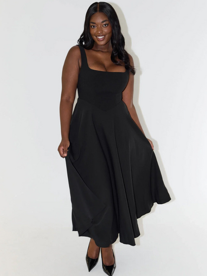 Elegante abito midi con scollatura quadrata e linea A – Abito estivo aderente per donne