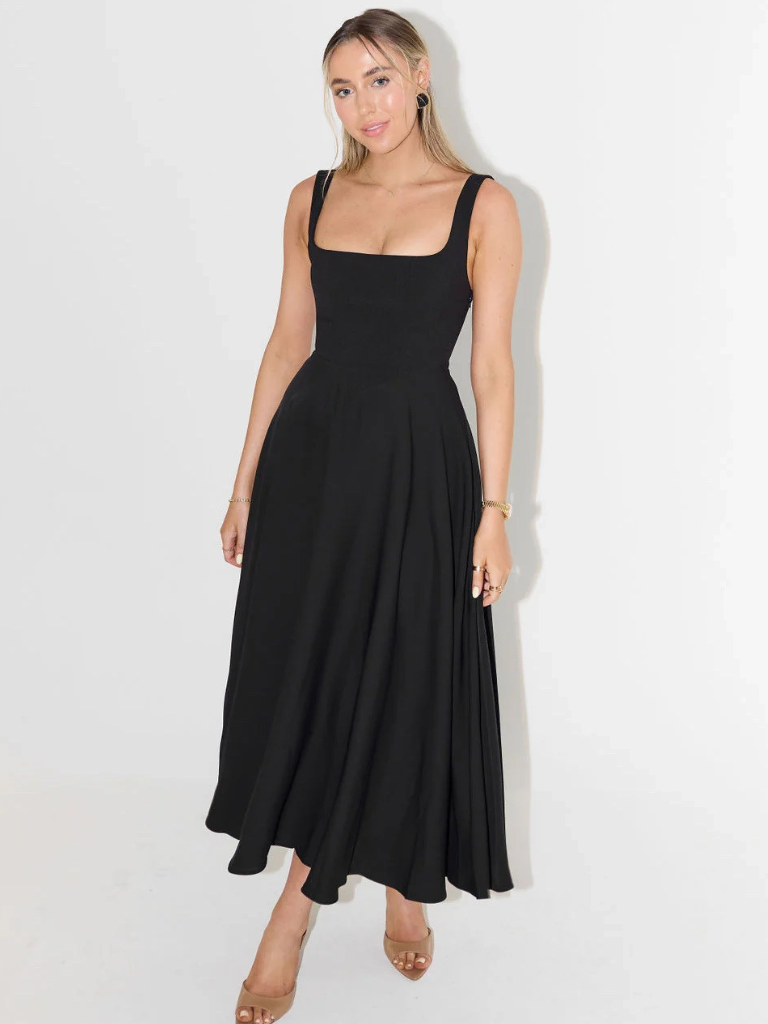 Elegante abito midi con scollatura quadrata e linea A – Abito estivo aderente per donne