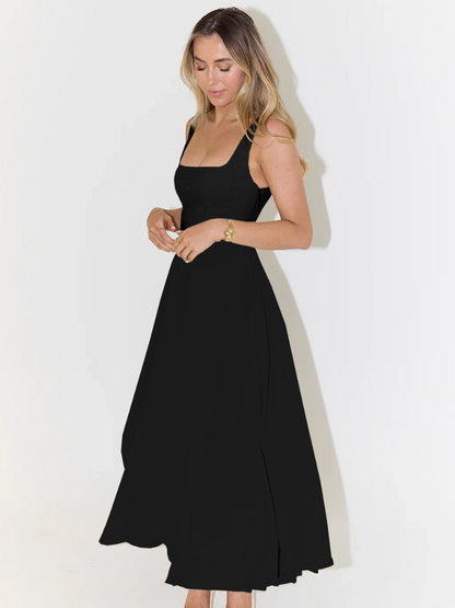 Elegante abito midi con scollatura quadrata e linea A – Abito estivo aderente per donne